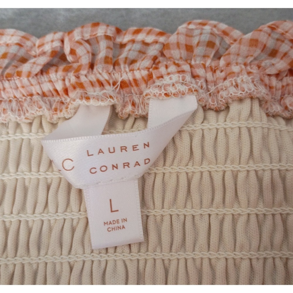 LC Lauren Conrad Peach Orange White Gingham Cottagecore Chiffon Dress Large - Picture 3 of 14